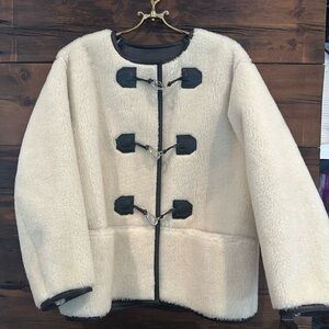 Source Unknown Shearling and Vegan Leather Clasp Front Coat in Vanilla One Size